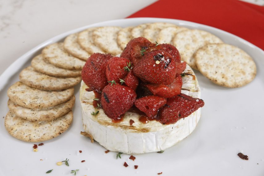 Grilled Brie and Strawberries is displayed, as seen on Let's Eat, Season 1.