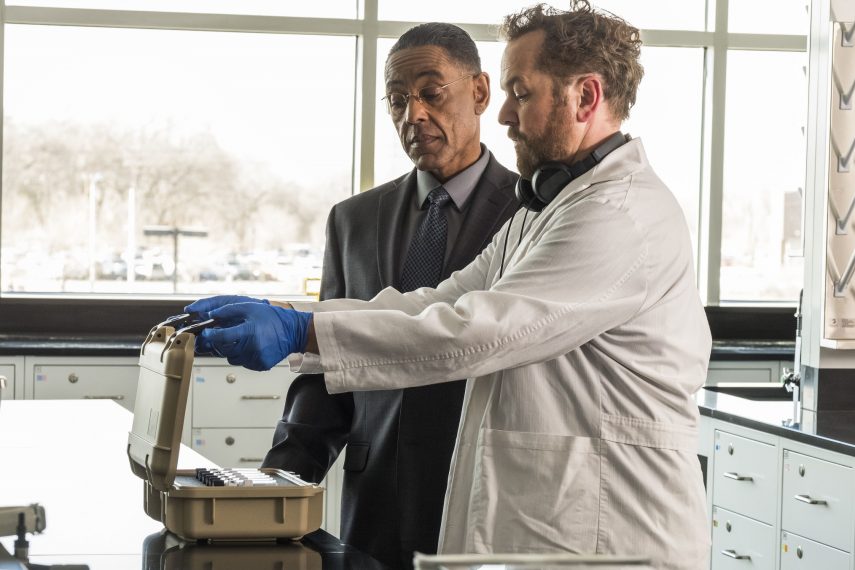 Giancarlo Esposito as Gustavo "Gus" Fring, David Costabile as Gale Boetticher - Better Call Saul _ Season 4, Episode 3 - Photo Credit: Nicole Wilder/AMC/Sony Pictures Television