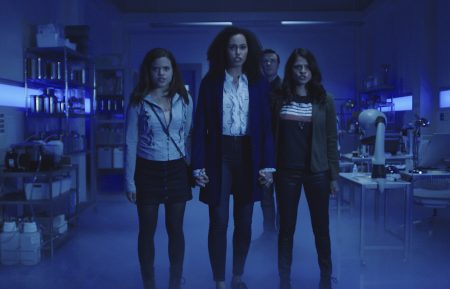 Sarah Jeffery as Maggie Vera, Madeleine Mantock as Macy Vaughn, Rupert Evans as Harry Greenwood, and Melonie Diaz as Mel Vera in the pilot of Charmed