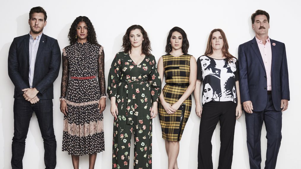 The cast of Crazy Ex-Girlfriend at TCA 2018 - Scott Michael Foster, Vella Lovell, Rachel Bloom, Gabrielle Ruiz, Donna Lynne Champlin and Pete Gardner