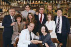 Cheers - John Ratzenberger as Cliff Clavin, Rhea Perlman as Carla LeBec, Roger Rees as Robin Colcord, Kirstie Alley as Rebecca Howe, Kelsey Grammer as Dr. Frasier Crane, Ted Danson as Sam Malone, Bebe Neuwirth as Dr. Lilith Sternin-Crane, Shelley Long as Diane Chambers, Woody Harrelson as Woody Boyd, George Wendt as Norm Peterson