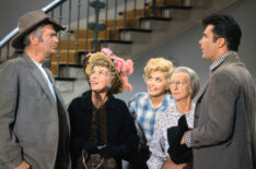 Scene from The Beverly Hillbillies - Buddy Ebsen as Jed Clampett, Bea Benaderet as cousin Pearl Bodine, Donna Douglas as Elly May Clampett, Irene Ryan as Granny Daisy Moses, and Max Baer Jr., as Jethro Bodine