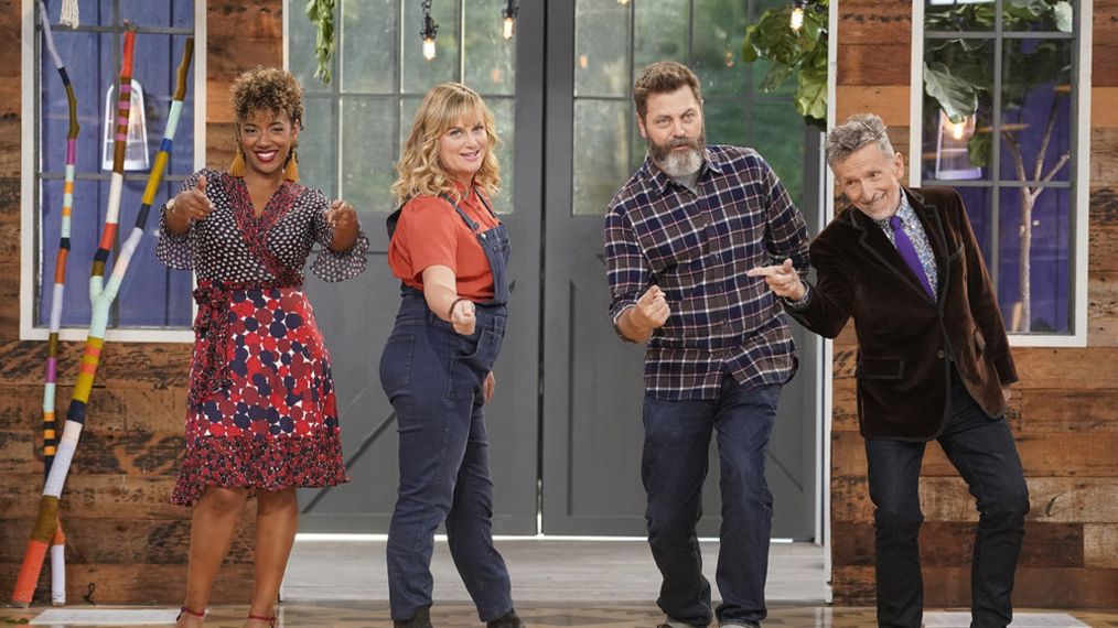 MAKING IT -- ?All of the Holidays, at Once' Episode 104 -- Pictured: (l-r) Dayna Isom Johnson, Amy Poehler, Nick Offerman, Simon Doonan -- (Photo by: Paul Drinkwater/NBC)