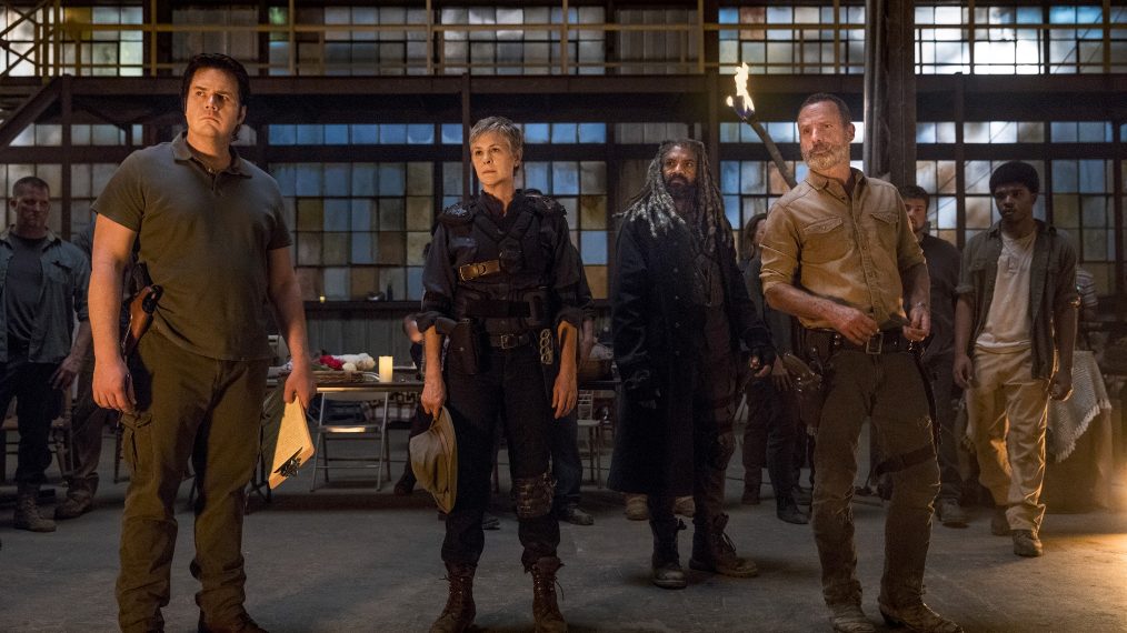 Josh McDermitt as Dr. Eugene Porter, Melissa McBride as Carol Peletier, Khary Payton as Ezekiel, Andrew Lincoln as Rick Grimes in The Walking Dead - Season 9, Episode 1
