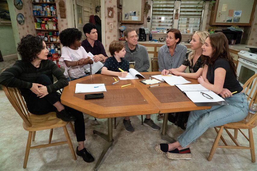 THE CONNERS - The Conners reunited with the official start of production today on the Warner Bros. lot. (ABC/Eric McCandless) SARA GILBERT, JAYDEN REY, MICHAEL FISHMAN, AMES MCNAMARA, JOHN GOODMAN, LAURIE METCALF, LECY GORANSON, EMMA KENNEY
