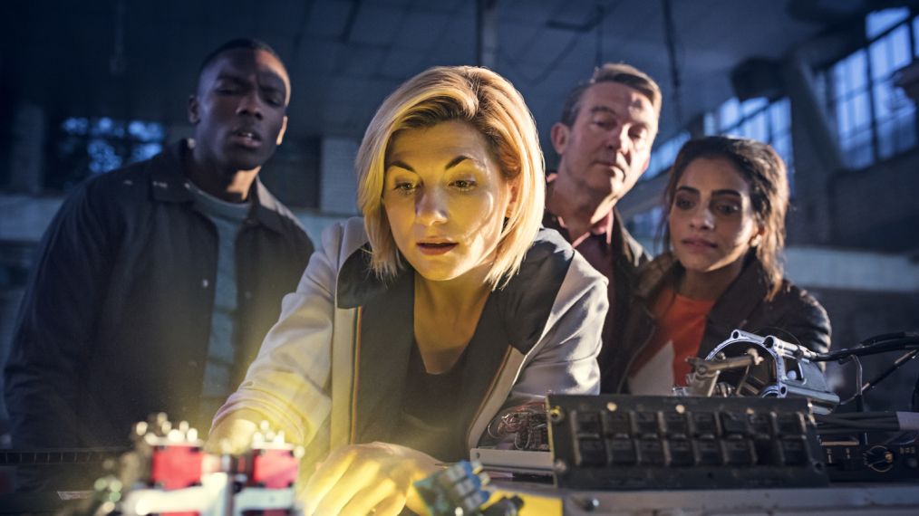 Tosin Cole as Ryan Sinclair, Jodie Whittaker as The Doctor, John Bishop as Dan O'Brien, and Mandip Gill as Yasmin Khan