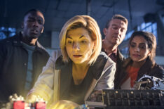 Tosin Cole as Ryan Sinclair, Jodie Whittaker as The Doctor, John Bishop as Dan O'Brien, and Mandip Gill as Yasmin Khan