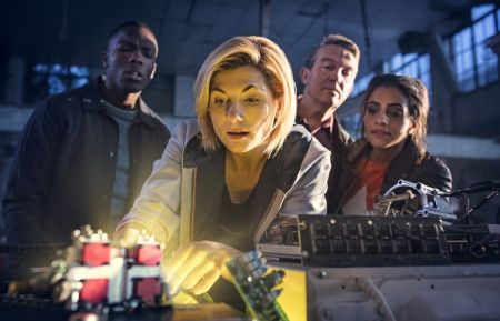 Tosin Cole as Ryan Sinclair, Jodie Whittaker as The Doctor, John Bishop as Dan O'Brien, and Mandip Gill as Yasmin Khan