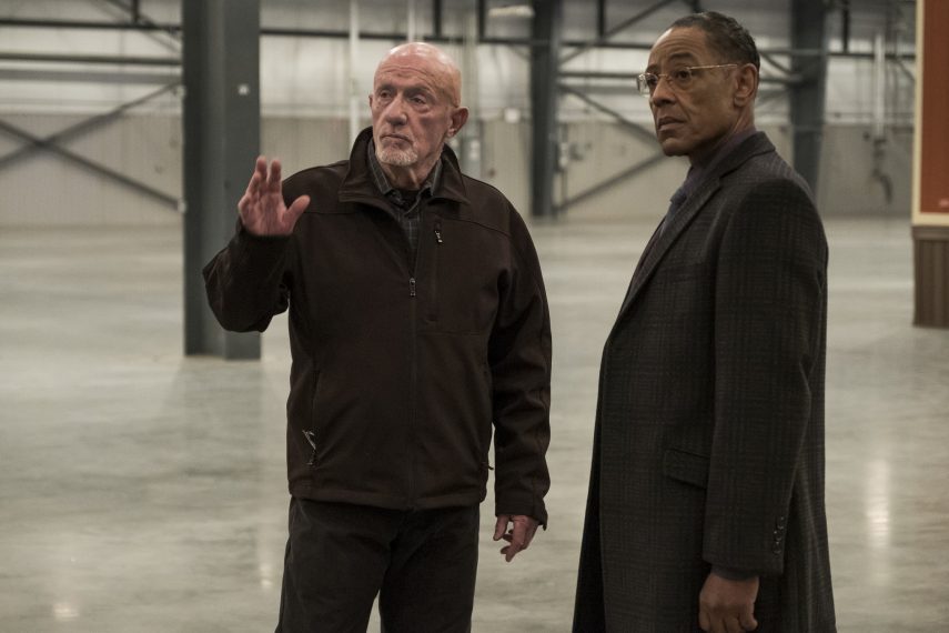 Giancarlo Esposito as Gustavo "Gus" Fring, Jonathan Banks as Mike Ehrmantraut - Better Call Saul _ Season 4, Episode 6 - Photo Credit: Nicole Wilder/AMC/Sony Pictures Television