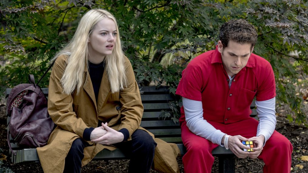 Maniac - Emma Stone and Jonah Hill sitting no a park bench in disbelief