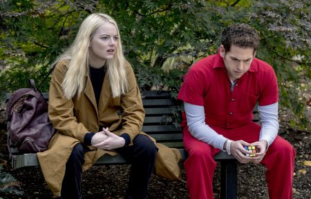 Maniac - Emma Stone and Jonah Hill sitting no a park bench in disbelief