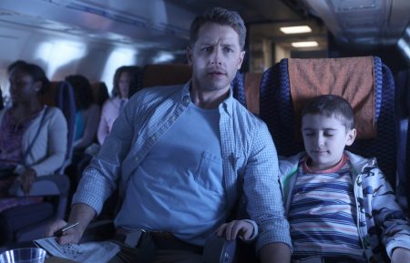 Josh Dallas as Ben Stone, Jack Messina as Cal Stone in Manifest - Pilot