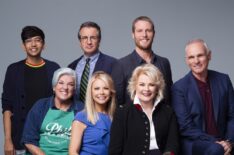 Murphy Brown cast - Nik Dodani as Pat Patel, Grant Shaud as Miles Silverberg, Jake McDorman as Avery Brown, Tyne Daly as Phyllis, Faith Ford as Corky Sherwood, Candice Bergen as Murphy Brown, and Joe Regalbuto as Frank Fontana