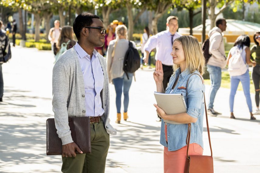 THE GOOD PLACE -- "Everything is Bronzer! Pt. 1" Episode 301 -- Pictured: (l-r) William Jackson Harper as Chidi, Kristen Bell as Eleanor -- (Photo by: Justin Lubin/NBC)