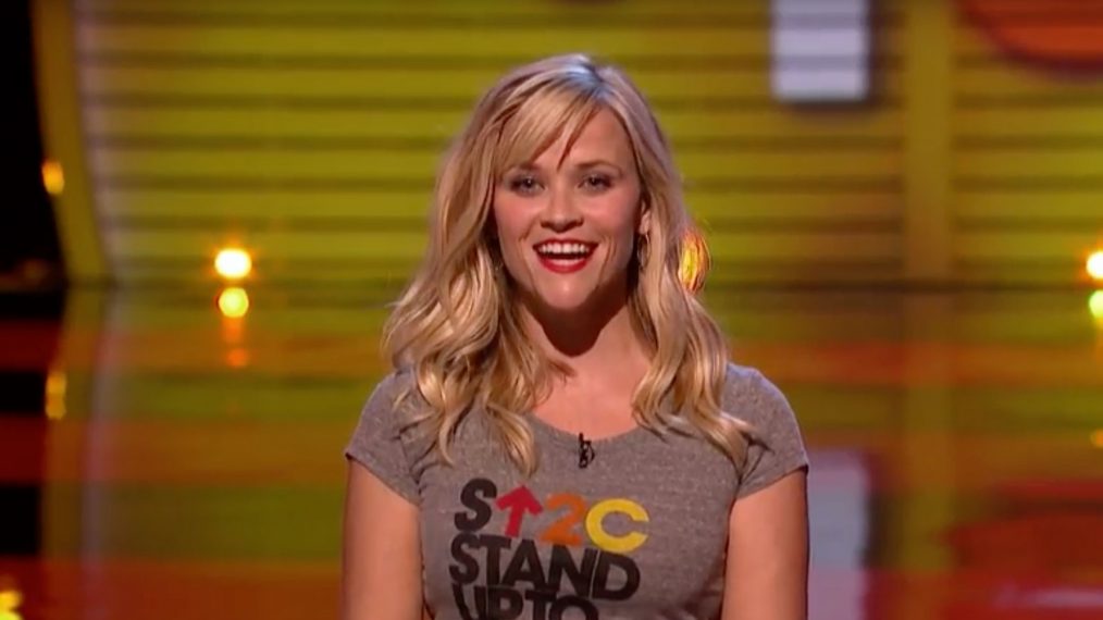 Reese Witherspoon speaking at Stand Up To Cancer