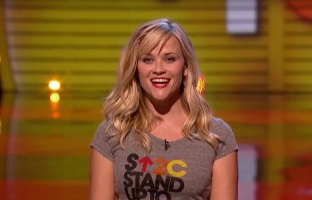 Reese Witherspoon speaking at Stand Up To Cancer