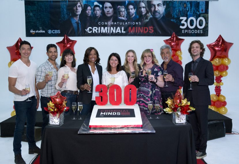 Coverage of the CRIMINAL MINDS 300th Episode Cake Cutting Celebration. Pictured L-R: Daniel Henney, Adam Rodriguez, Paget Brewster, Aisha Tyler, Erica Messer, A.J. Cook, Kirsten Vangsness, Joe Mantegna and Matthew Grey Gubler Photo: Cliff Lipson/CBS ÃÂ¬ÃÂ©2018 CBS Broadcasting, Inc. All Rights Reserved