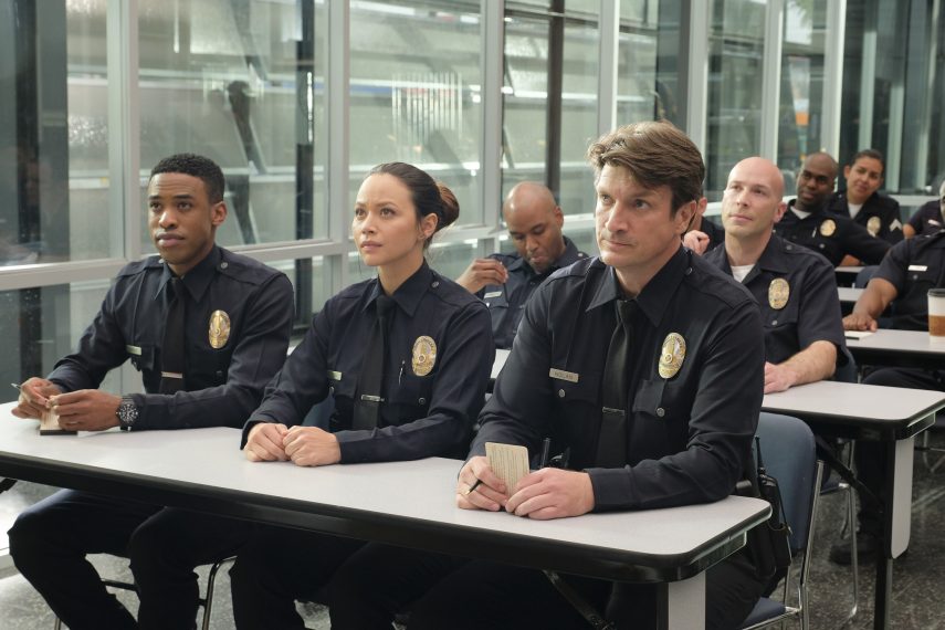 THE ROOKIE - "Pilot" - Starting over isn't easy, especially for small-town guy John Nolan who, after a life-altering incident, is pursuing his dream of being a police officer, on the premiere episode of "The Rookie," airing TUESDAY, OCT. 16 (10:00-11:00 p.m. EDT), on The ABC Television Network. (ABC/Tony Rivetti) TITUS MAKIN, MELISSA O'NEIL, NATHAN FILLION