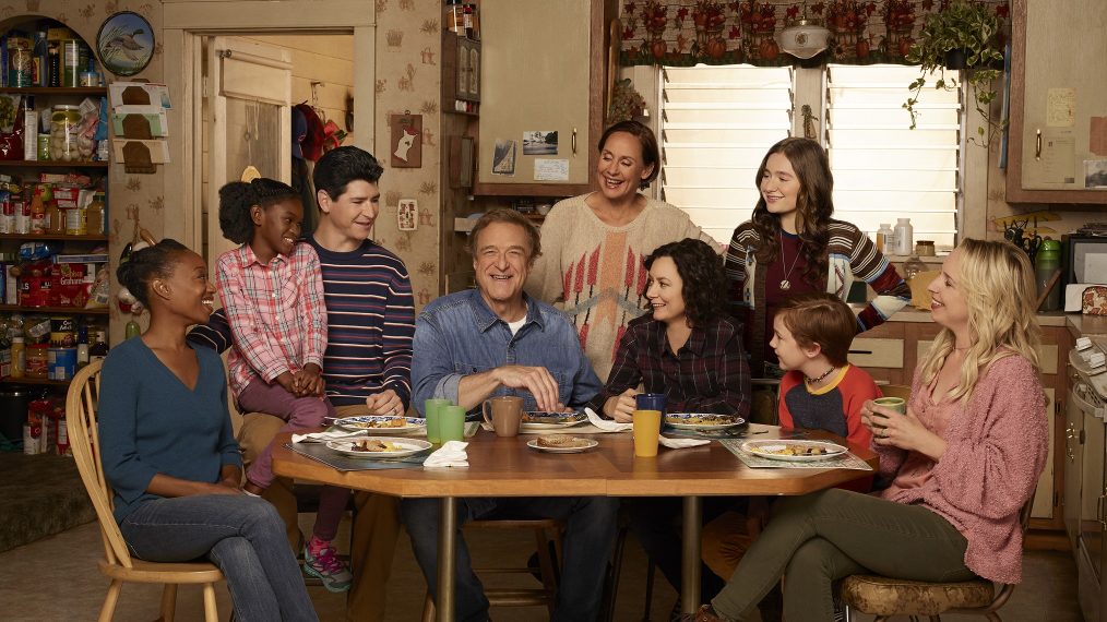 THE CONNERS - ABC's 'The Conners' stars Maya Lynne Robinson as Geena Williams-Conner, Jayden Rey as Mary, Michael Fishman as D.J. Conner, John Goodman as Dan Conner, Laurie Metcalf as Jackie Harris, Sara Gilbert as Darlene Conner, Emma Kenney as Harris Conner, Ames McNamara as Mark, and Lecy Goranson as Becky Conner. (ABC/Robert Trachtenberg)