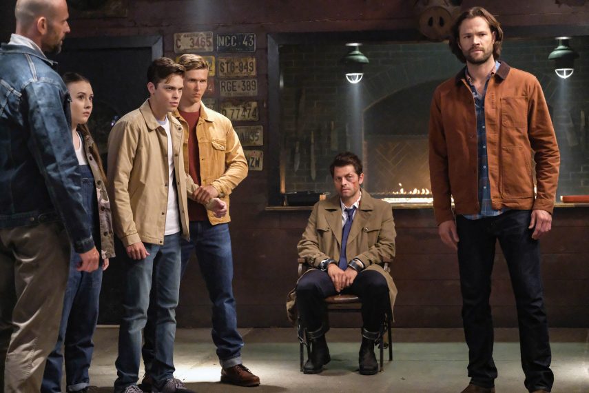 Supernatural -Katherine Evans, Alexander Calvert, Misha Collins, Jared Padalecki - Supernatural -- "Stranger in a Strange Land" -- Image Number: SN1401b_0091b.jpg -- Pictured (L-R): Katherine Evans as Maggie, Alexander Calvert as Jack, Misha Collins as Castiel and Jared Padalecki as Sam --