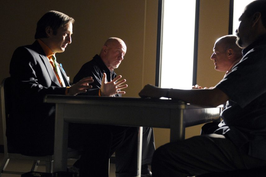 (L-R) Saul Goodman (Bob Odenkirk), Mike (Jonathan Banks), Hank Schrader (Dean Norris) and Steven Gomez (Steven Michael Quezada) - Breaking Bad - Season 5, Episode 6 - Photo Credit: Ursula Coyote/AMC