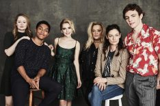 The cast of Chilling Adventures of Sabrina at NYCC 2018 - Miranda Otto, Chance Perdomo, Kiernan Shipka, Lucy Davis, Michelle Gomez, and Ross Lynch