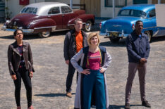 Mandip Gill as Yaz, Bradley Walsh as Graham, Jodie Whittaker as The Doctor, and Tosin Cole as Ryan in Doctor Who