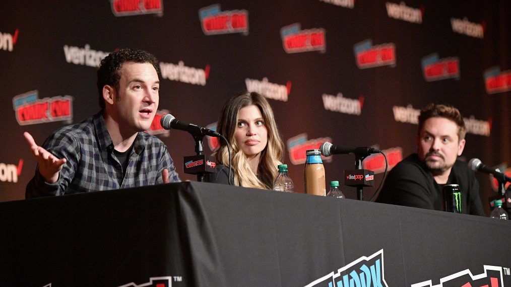 Ben Savage, Danielle Fishel, and Will Friedle speak onstage at the Boy Meets World 25th Anniversary Reunion panel during New York Comic Con 2018