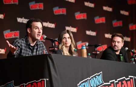 Ben Savage, Danielle Fishel, and Will Friedle speak onstage at the Boy Meets World 25th Anniversary Reunion panel during New York Comic Con 2018