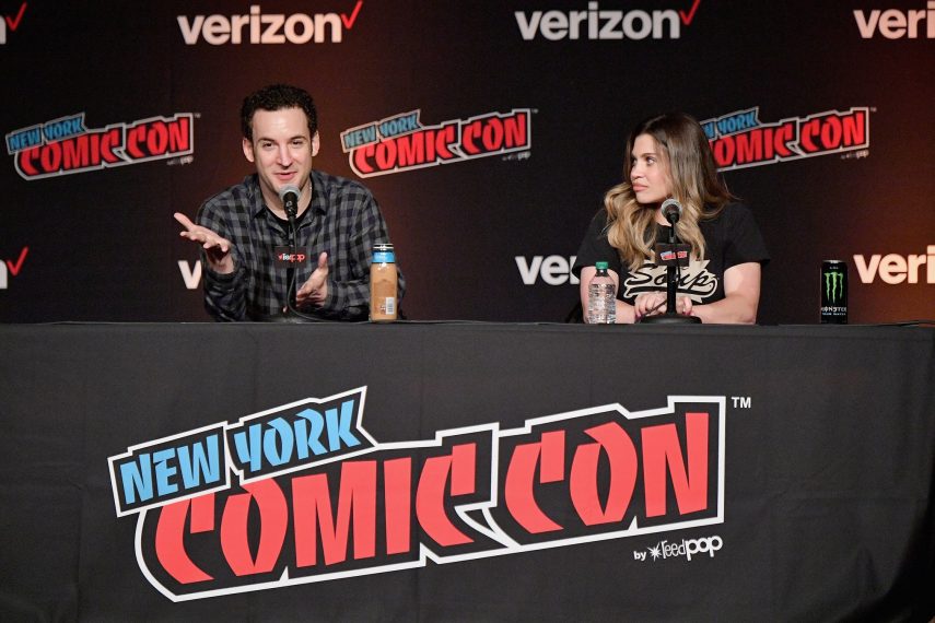 NEW YORK, NY - OCTOBER 05: Ben Savage (L) and Danielle Fishel speak onstage at the Boy Meets World 25th Anniversary Reunion panel during New York Comic Con 2018 at Jacob K. Javits Convention Center on October 5, 2018 in New York City. (Photo by Dia Dipasupil/Getty Images for New York Comic Con)