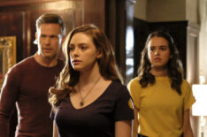 Matthew Davis as Alaric, Danielle Rose Russell as Hope, and Kaylee Bryant as Josie in Legacies