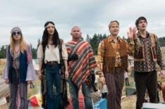 Caity Lotz as Sara Lance/White Canary, Tala Ashe as Zari, Dominic Purcell as Mick Rory/Heat Wave, Nick Zano as Nate Heywood/Steel, and Brandon Routh as Ray Palmer/Atom in 1970s attire in Legends of Tomorrow