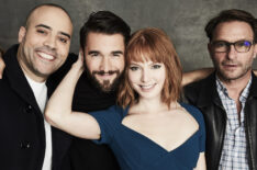 The cast from Lore at NYCC 2018 - Elie Haddad, Josh Bowman, Alicia Witt, and Thomas Kretschmann