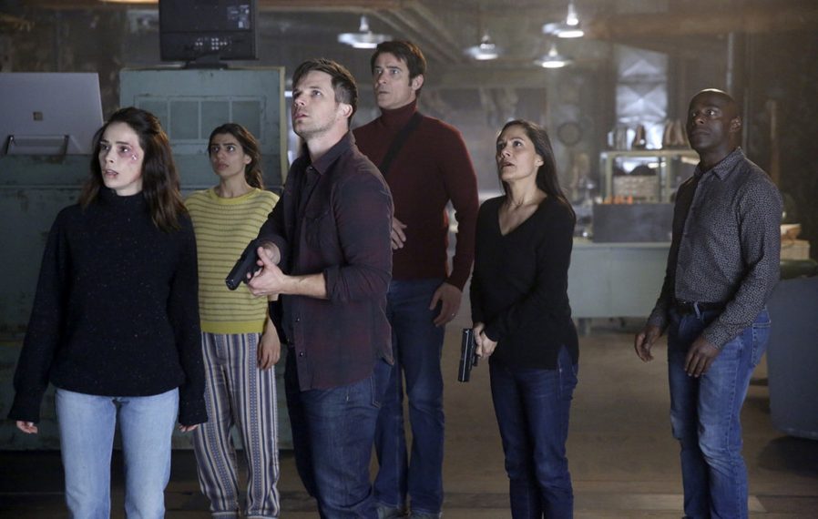 TIMELESS -- "A History of San Fran" Episode 210 -- Pictured: (l-r) Abigail Spencer as Lucy Preston, Caludia Doumit as Jiya, Matt Lanter as Wyatt Logan, Goran Visnjic as Garcia Flynn, Sakina Jaffery as Agent Christopher, Paterson Joseph as Connor Mason -- (Photo by: Patrick Wymore/NBC)