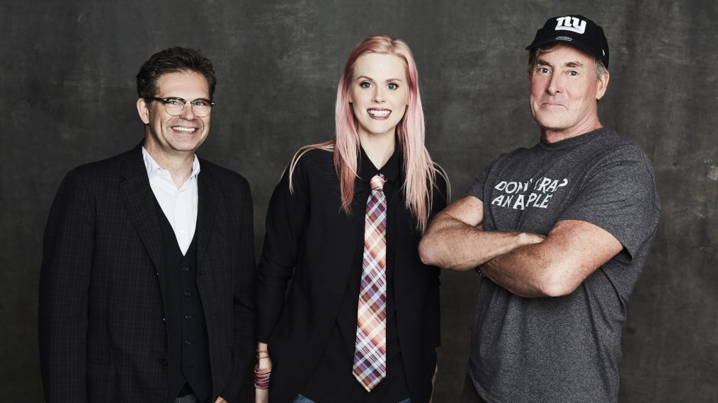 Dana Gould, Janet Varney, and John C. McGinley from Stan Against Evil pose at New York Comic Con