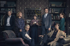 Sherlock - Season 4 -D.I. Lestrade (Rupert Graves), Mary Watson (Amanda Abbington), John Watson (Martin Freeman), Mrs Hudson (Una Stubbs), Mycroft Holmes (Mark Gatiss), Sherlock Holmes (Benedict Cumberbatch) and Molly Hooper (Louise Brealey)