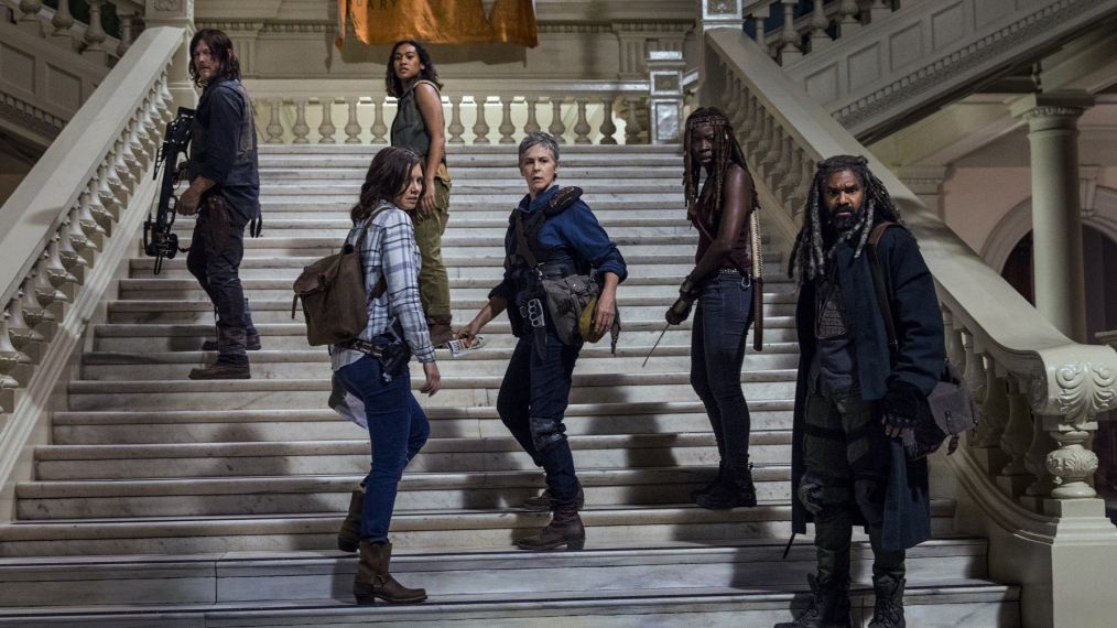 Norman Reedus as Daryl Dixon, Sydney Park as Cyndie, Lauren Cohan as Maggie Rhee, Melissa McBride as Carol Peletier, Danai Gurira as Michonne, Khary Payton as Ezekiel, Sydney Park as Cyndie - The Walking Dead _ Season 9, Episode 1 - Photo Credit: Jackson Lee Davis/AMC