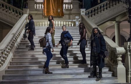 Norman Reedus as Daryl Dixon, Sydney Park as Cyndie, Lauren Cohan as Maggie Rhee, Melissa McBride as Carol Peletier, Danai Gurira as Michonne, Khary Payton as Ezekiel, Sydney Park as Cyndie - The Walking Dead _ Season 9, Episode 1 - Photo Credit: Jackson Lee Davis/AMC