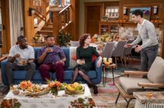 Sheaun McKinney as Malcolm Butler, Marcel Spears as Marty Butler, Marilu Henner as Paula, and Max Greenfield as Dave Johnson in The Neighborhood - 'Welcome to Thanksgiving'