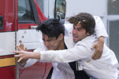Alex Landi and Jake Borelli caught in a storm on Grey's Anatomy