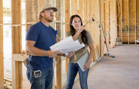 Joanna Gaines visiting husband Chip to check in on the progression of the Pahmiyer home, as seen on Fixer Upper