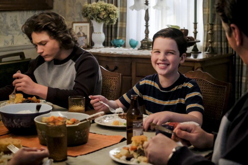Georgie (Montana Jordan) and Sheldon (Iain Armitage) in Young Sheldon - 'A Stunted Childhood and a Can of Fancy Mixed Nuts'