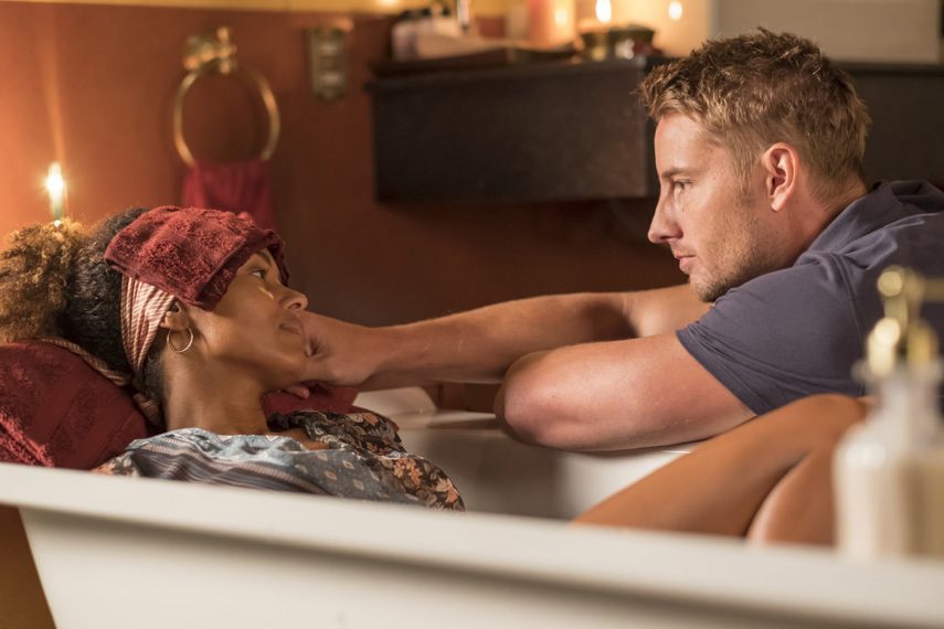 THIS IS US -- "Sometimes" Episode 307 -- Pictured: (l-r) Melanie Liburd as Zoe, Justin Hartley as Kevin Pearson -- (Photo by: Ron Batzdorff/NBC)