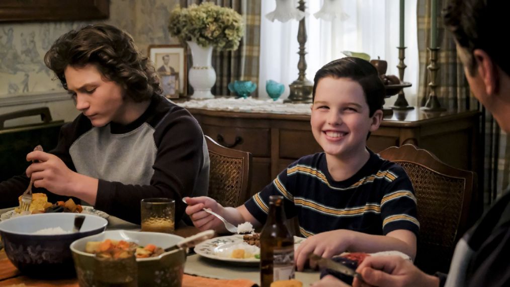 Georgie (Montana Jordan) and Sheldon (Iain Armitage) in Young Sheldon - 'A Stunted Childhood and a Can of Fancy Mixed Nuts'