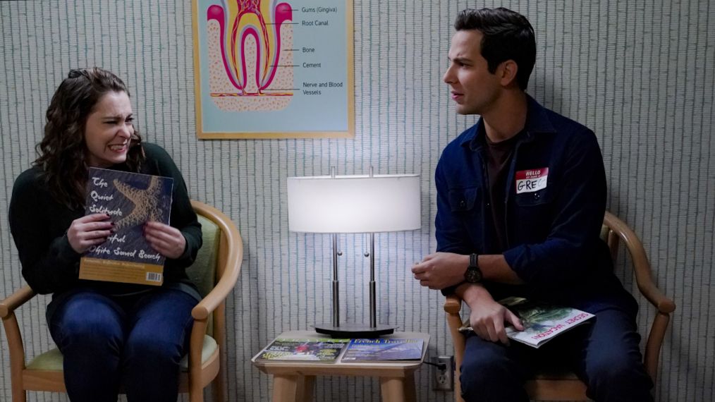 Rachel Bloom and Skylar Astin in the dentist waiting room in Crazy Ex-Girlfriend