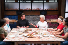Contestants Shatima Ruffin, Sarah Bettendorf, Leo Nunan, and Asaf Goren with hosts Tyler Florence and Anne Burrell seen on Worst Cooks in America Thanksgiving Redemption