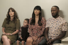 Zooey Deschanel, guest star Danielle/Rhiannon Rockoff, Hannah Simone, and Lamorne Morris in the 'About Three Years Later' season seven premiere episode of New Girl