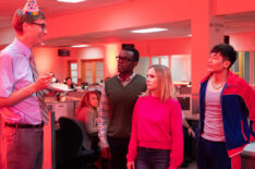 The Good Place - Season 3 - Stephen Merchant with William Jackson Harper, Kristen Bell, and Manny Jacinto