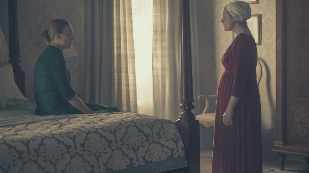 Yvonne Strahovski and Elisabeth Moss in The Handmaid's Tale