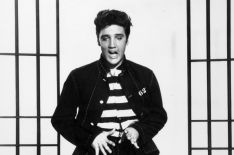 Stage and Screen. Personalities. pic: circa 1957. American actor/singer Elvis Presley appearing in the film 'Jailhouse Rock'.